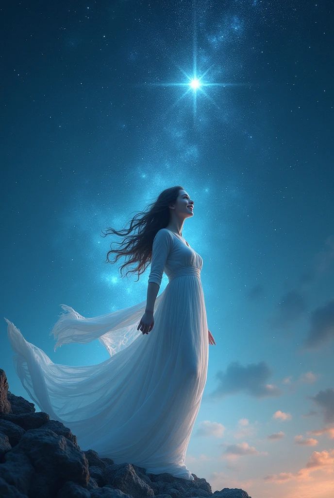 ((masterpiece, Highest quality, Best image quality, High resolution, Realistic, RAW Photos, 8k)), ((Highly detailed CG synthesis 8k wallpaper)), (Starry sky background、A beautiful star is shining、The girl becomes transparent, blends into the starry sky, and smiles kindly at the viewer.、The girl became the goddess who protects the world.、Smiling girl floating in the starry sky、Mysterious starry sky、Incredible beauty, Perfect Proportions:1.4), Looking up at the stars from the ruins of ancient Greece,From Mount Olympus、 Movie Posters, past, present and future,