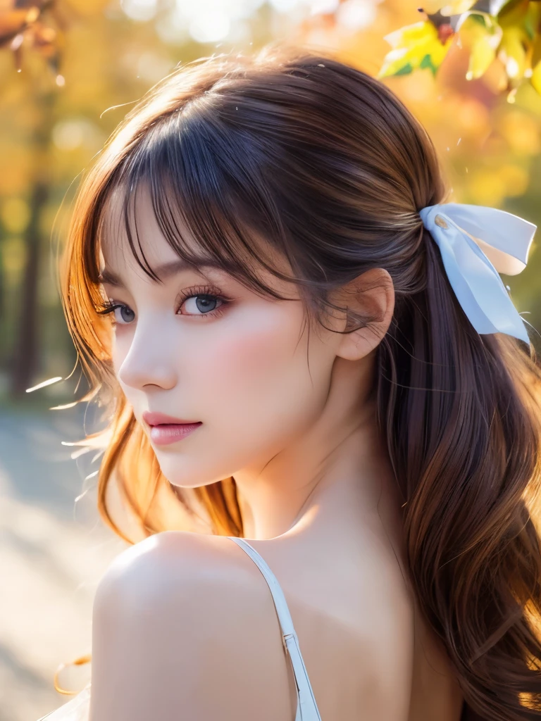 (Ultra high definition, 8k, Highest quality, masterpiece:1.2),(Highest quality:1.0), (Ultra-high resolution:1.0), watercolor, Beautiful woman, Soft skin texture,Soft and attractive lips, shoulder, Hair Ribbon, Half Body Portrait, Very bright and luminous design, pastel colour, (ink:1.3), Autumn Light,