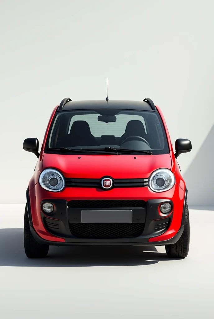A full front view of a red fiat panda second series 2007 with black roof, black side rearview mirros, black wheels with red lines and no roof bars