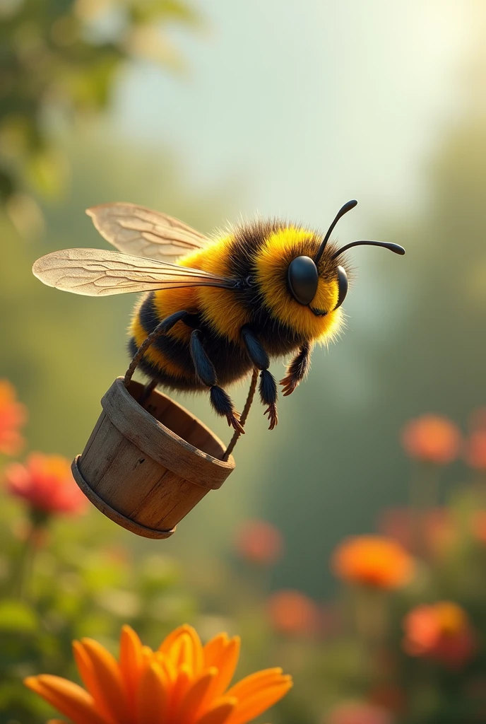 A bee flying with a bucket
