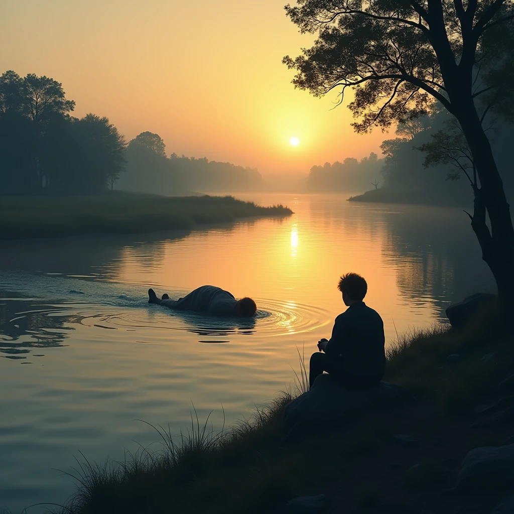 An atmospheric scene of a person sitting calmly by the bank of a wide, tranquil river at dusk. The figure is silhouetted against the soft glow of the setting sun, which casts long shadows and a warm, golden light over the landscape. The river flows gently past, reflecting the colors of the sky. In the distance, the figure watches with a composed, patient expression as the lifeless body of their enemy floats slowly downstream. The overall mood is one of quiet anticipation and inevitable justice, with the peaceful surroundings contrasting sharply with the dark undercurrent of the scene.