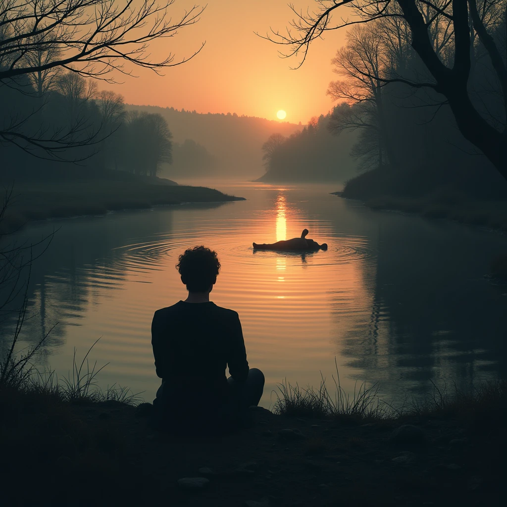 An atmospheric scene of a person sitting calmly by the bank of a wide, tranquil river at dusk. The figure is silhouetted against the soft glow of the setting sun, which casts long shadows and a warm, golden light over the landscape. The river flows gently past, reflecting the colors of the sky. In the distance, the figure watches with a composed, patient expression as the lifeless body of their enemy floats slowly downstream. The overall mood is one of quiet anticipation and inevitable justice, with the peaceful surroundings contrasting sharply with the dark undercurrent of the scene.