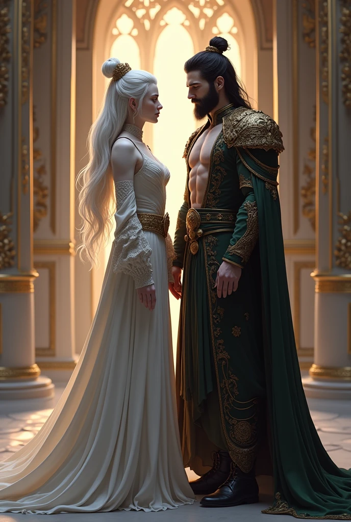 Tall white-skinned woman with good attributes is royalty white hair color draws full body and web toom style next to a white-skinned black-haired man with mystery car and muscular (He is a beardless imperial guard