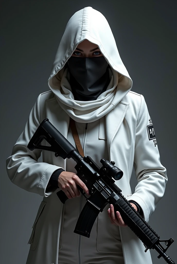 I want a free fire player style image, a woman in white clothing with a sinister confidence with a hood and mask with an air of intensity, with black image background, with a confident pose with a rifle in his hand.