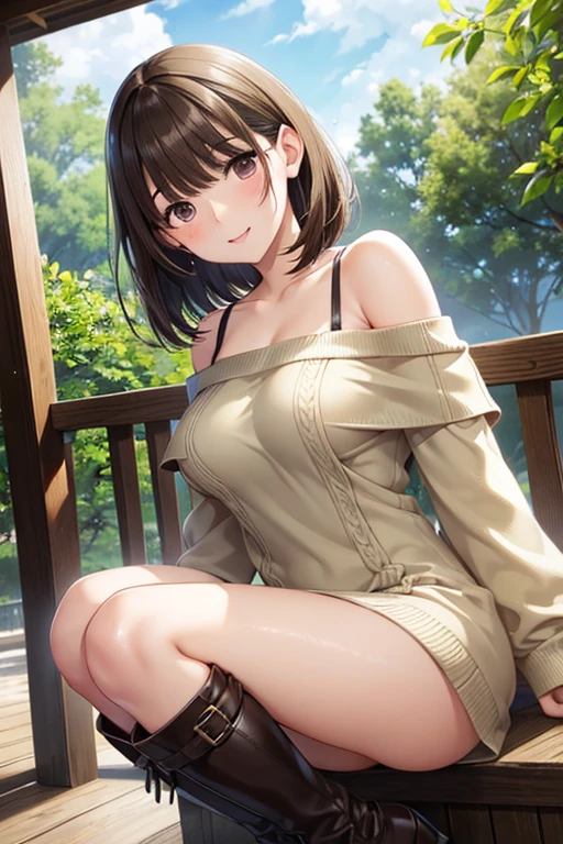 anegasaki nene、Shiny brown hair, short hair, (Beautiful brown eyes、Sparkling eyes, Fine grain)、smile、Ultra-detailed eyes、Highly detailed face, Highly detailed eyes,Cowboy Shot、



(One person,gravure_Pause), ((Green off-the-shoulder knit mini dress)),(Long Leather Boots 1.5),,Long legs,Bare shoulder sweater,Tilt_forward、Are standing、