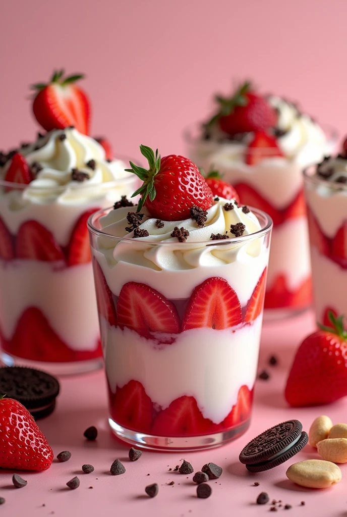 Create an image of a strawberries and cream sale in which you only see the strawberries, cream at its peak, 9-ounce glasses with lids plastic, the strawberries and creams decorated with Oreo toppings, peanuts and chocolate chips