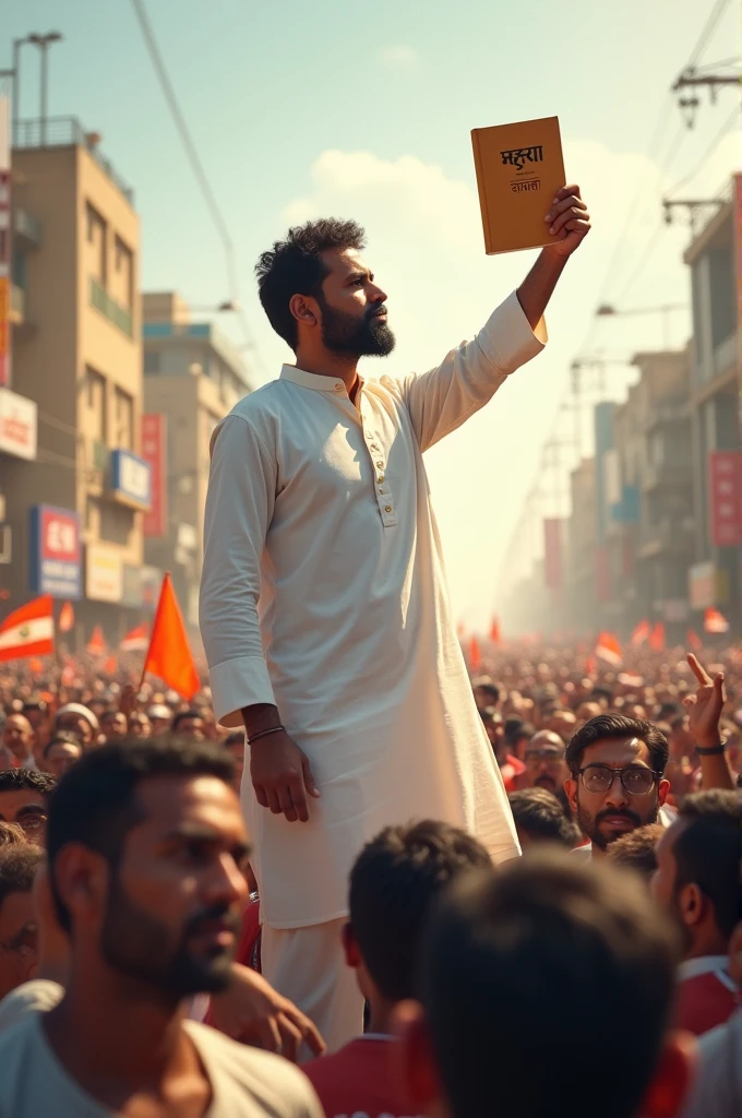 A leader in white kurta who is protesting with thousands of people and holding a book raised in his hand. Book titled name Marathi in marathi language.
