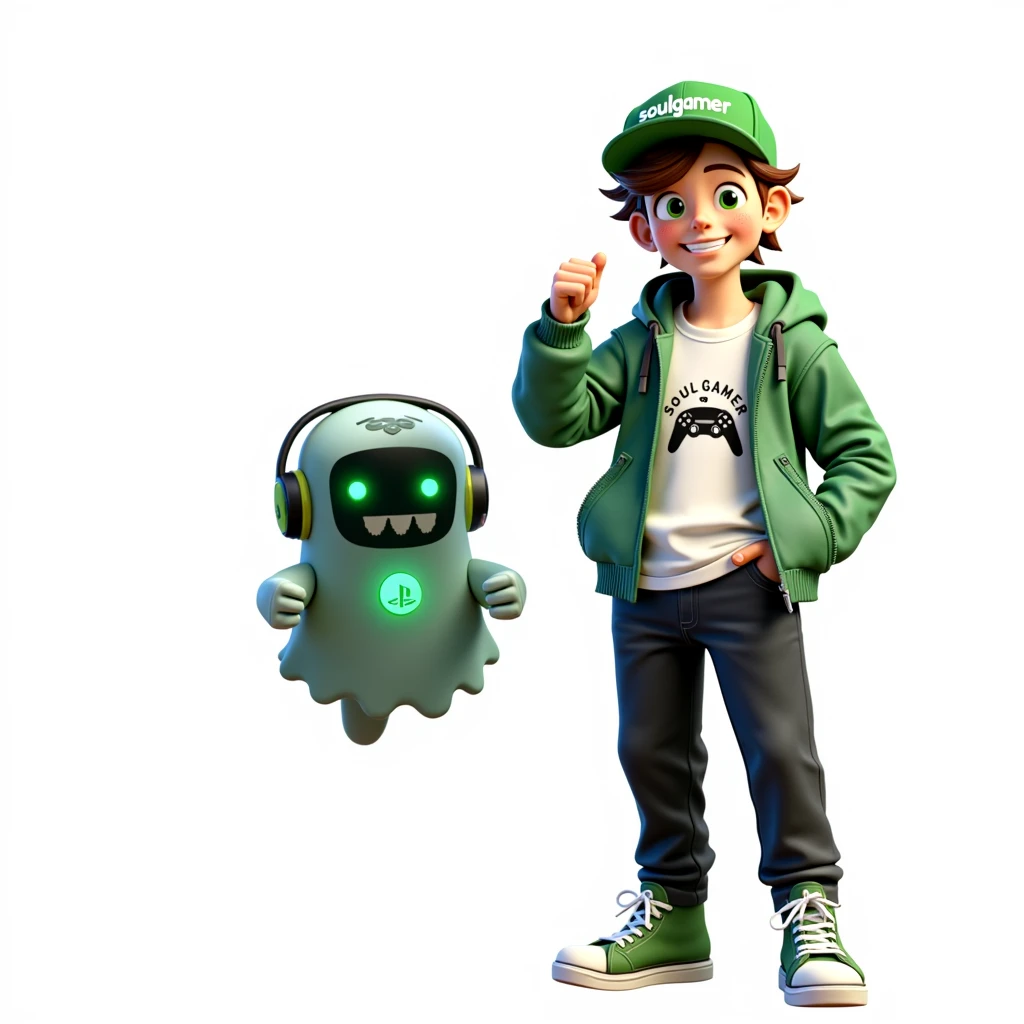 Create two characters that interact with each other. The two characters are friends through many adventures.
Character 1: Boy approximately 1 . He is tall. His facial expression is friendly and smiling., with big green eyes that convey a sense of curiosity and joy. your hair is short, brown in color and slightly disheveled, visible under the CAP. His cap is green and has a Playstation 5 controller printed on the front.. He wears a white T-shirt under a hooded jacket and matching cap.. The jacket has the word "Soulgamer" written visibly at chest height. He wears loose black pants that fit comfortably over green sneakers that match his jacket and cap., with white shoelaces tied tightly. Character 1 is standing with the fist of one of his hands clenched while the fist of his other hand is raised as if he is celebrating..
Character 2: Medium-sized robot mascot with ghost-like appearance. Resembling a drop. On his hands he has five well-defined fingers. His facial expression has large, green eyes with a glow, conveying a friendly and cheerful expression. He has a small open mouth with a happy smile and flushed cheeks.. Its body is white with small green details and a smooth, slightly shiny texture.. He has a headset on his head with an adjustable microphone positioned close to his mouth.. And on his chest you can see the illuminated shape of a Playstation 5 controller in fluorescent green.. It floats in the air, as if he were ready for an adventure.
The scene consists of a stone road with plants on the side and behind the characters you can see a portal where the word is written "Soul Gamer"
