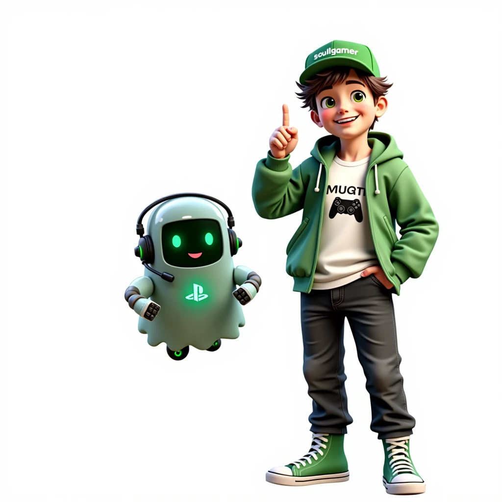 Create two characters that interact with each other. The two characters are friends through many adventures.
Character 1: Boy approximately 1 . He is tall. His facial expression is friendly and smiling., with big green eyes that convey a sense of curiosity and joy. your hair is short, brown in color and slightly disheveled, visible under the CAP. His cap is green and has a Playstation 5 controller printed on the front.. He wears a white T-shirt under a hooded jacket and matching cap.. The jacket has the word "Soulgamer" written visibly at chest height. He wears loose black pants that fit comfortably over green sneakers that match his jacket and cap., with white shoelaces tied tightly. Character 1 is standing with the fist of one of his hands clenched while the fist of his other hand is raised as if he is celebrating..
Character 2: Medium-sized robot mascot with ghost-like appearance. Resembling a drop. On his hands he has five well-defined fingers. His facial expression has large, green eyes with a glow, conveying a friendly and cheerful expression. He has a small open mouth with a happy smile and flushed cheeks.. Its body is white with small green details and a smooth, slightly shiny texture.. He has a headset on his head with an adjustable microphone positioned close to his mouth.. And on his chest you can see the illuminated shape of a Playstation 5 controller in fluorescent green.. It floats in the air, as if he were ready for an adventure.
The scene consists of a stone road with plants on the side and behind the characters you can see a portal where the word is written "Soul Gamer"