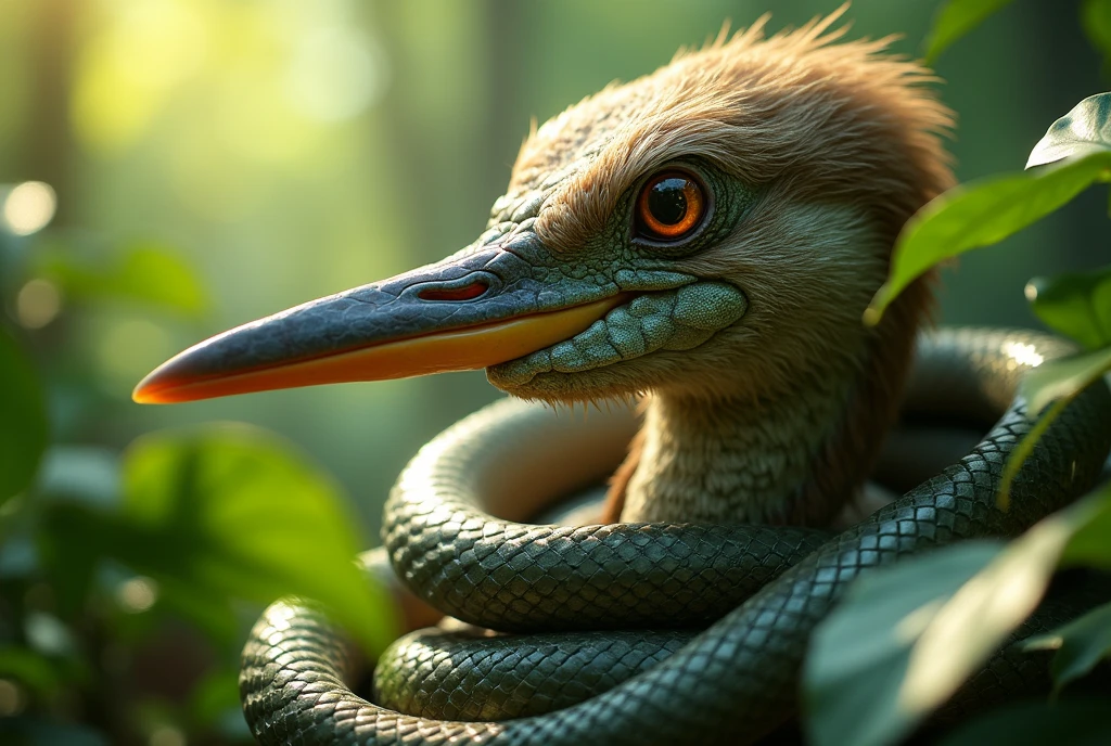 A close-up image of a bird with an elongated beak, tightly entangled with a snake. The scene is set in a lush, vibrant green forest, with bright sunlight filtering through the leaves, creating a sparkling and glowing atmosphere. The focus is on the bird's beak and eyes, capturing the intensity and tension of the moment. The feathers of the bird are detailed and the snake is coiled tightly around the beak, emphasizing the struggle between the two creatures.