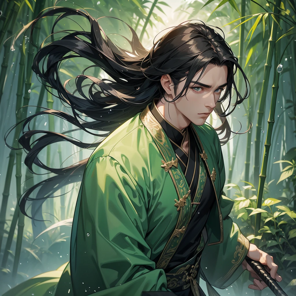 a Handsome black-haired male holding a large sword in ancient Chinese costume, the back is a lush green bamboo forest. the air after rain has water droplets splashing around. close up.