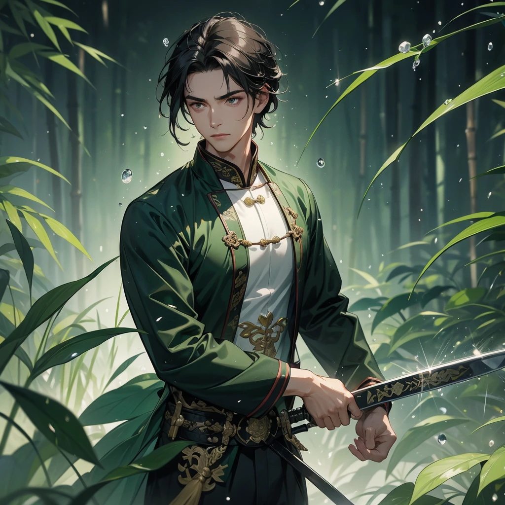 a Handsome black-haired male holding a large sword in ancient Chinese costume, the back is a lush green bamboo forest. the air after rain has water droplets splashing around. close up.