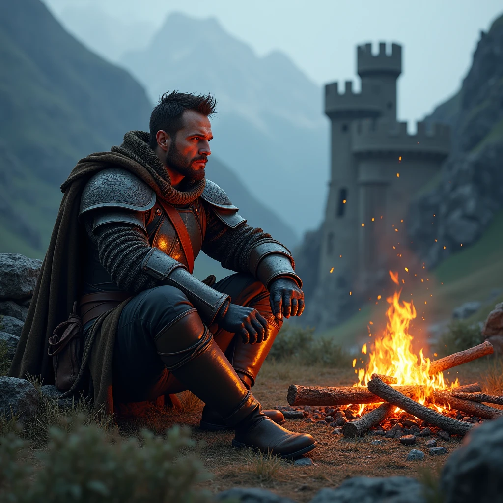 medieval soldier sitting near a campfire, natta, in the background a castle with mountains nearby