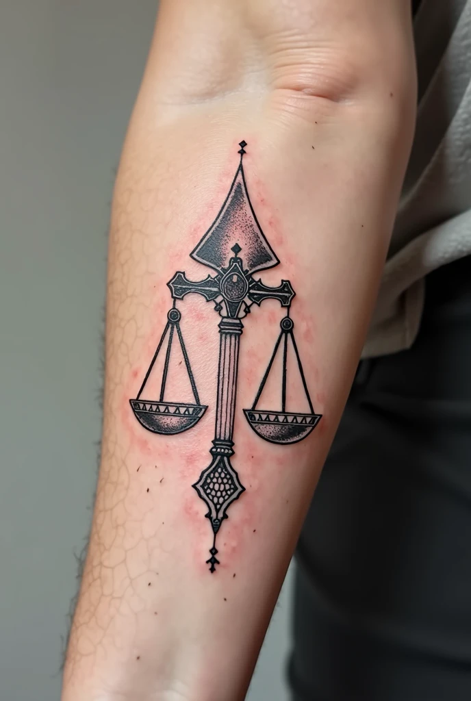 delicate picture. Tattoo that mixes Xango&#39;s axe with the scales of justice and Oxum&#39;s mirror. 