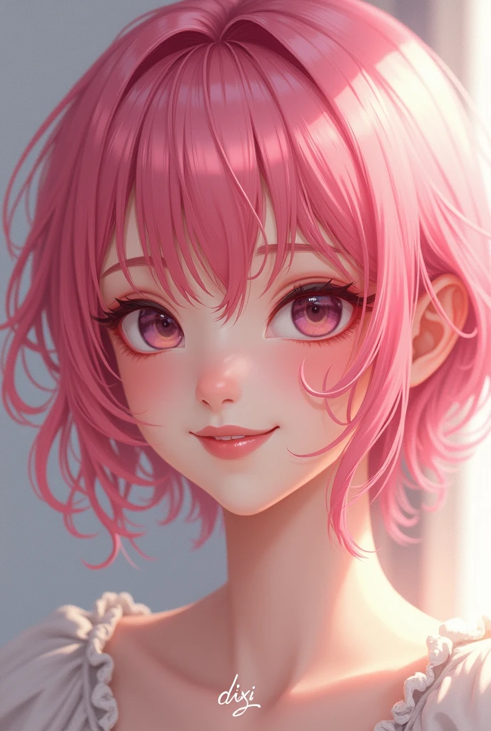 avatar a girl with pink hair with a beautiful smile, the Dixi inscription in the middle