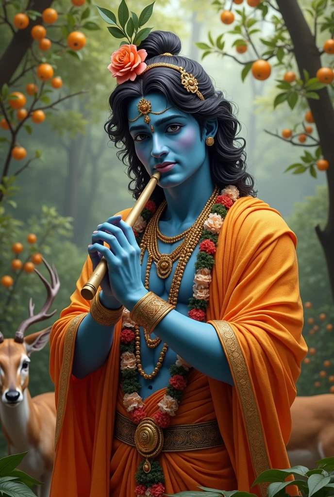 A serene statue of the Hindu deity Krishna, depicted with blue skin, wearing an ornate orange robe adorned with gold detailing and floral garlands. He holds a flute in his hands, standing beside a gentle deer. The background features lush greenery and ripe oranges, creating a peaceful and natural setting.in the ratio of 9:16