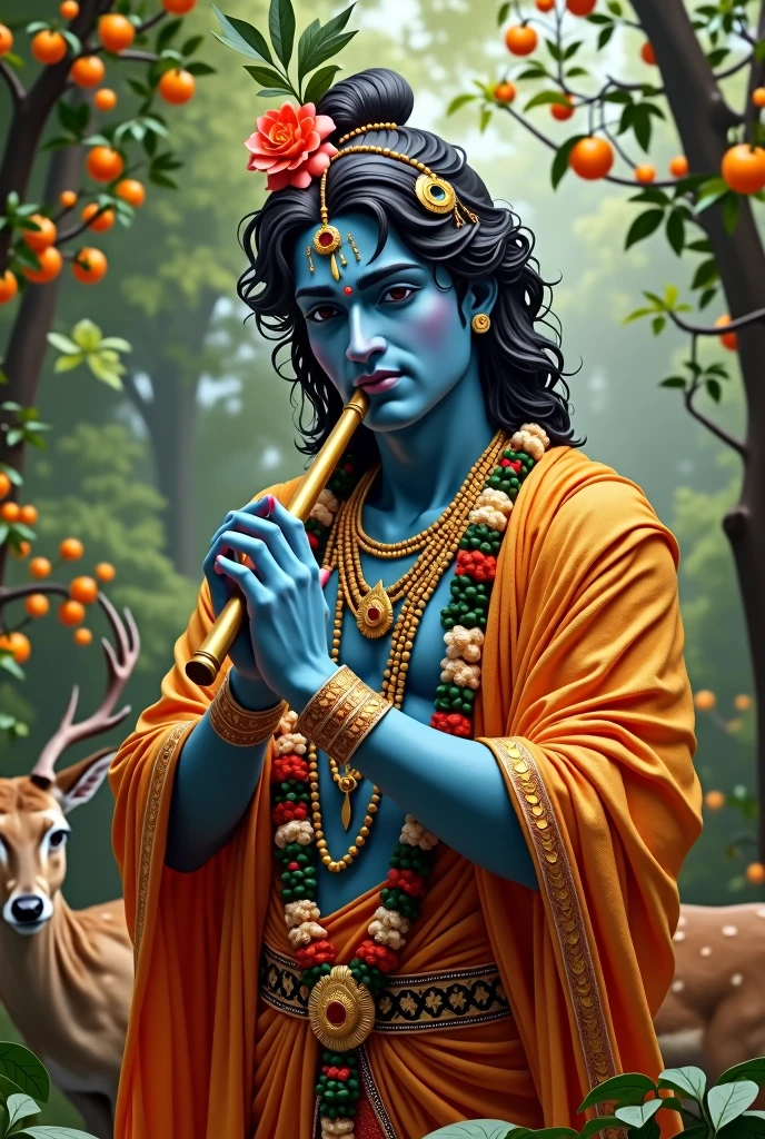 A serene statue of the Hindu deity Krishna, depicted with blue skin, wearing an ornate orange robe adorned with gold detailing and floral garlands. He holds a flute in his hands, standing beside a gentle deer. The background features lush greenery and ripe oranges, creating a peaceful and natural setting.in the ratio of 9:16