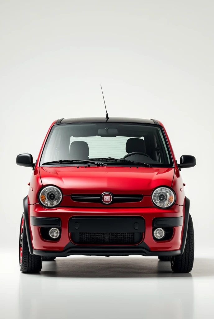 A full front view of a red fiat panda second series 2007 with black roof, black side rearview mirros, black wheels with red lines and no roof bars