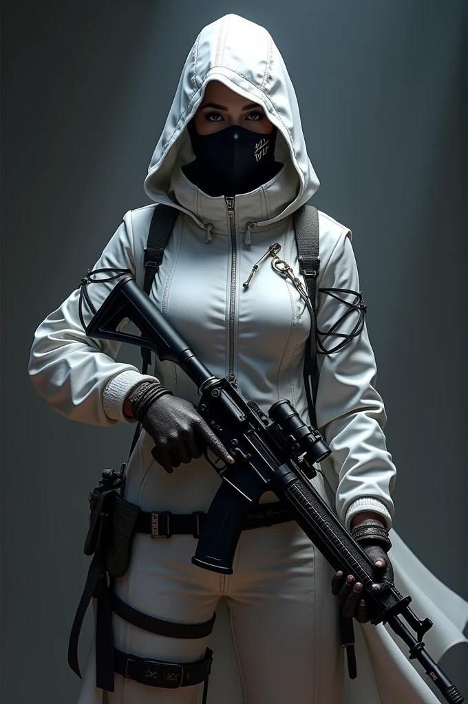 I want a free fire player style image, a woman in white clothing with a sinister confidence with a hood and mask with an air of intensity, with black image background, with a confident pose with a rifle in his hand.