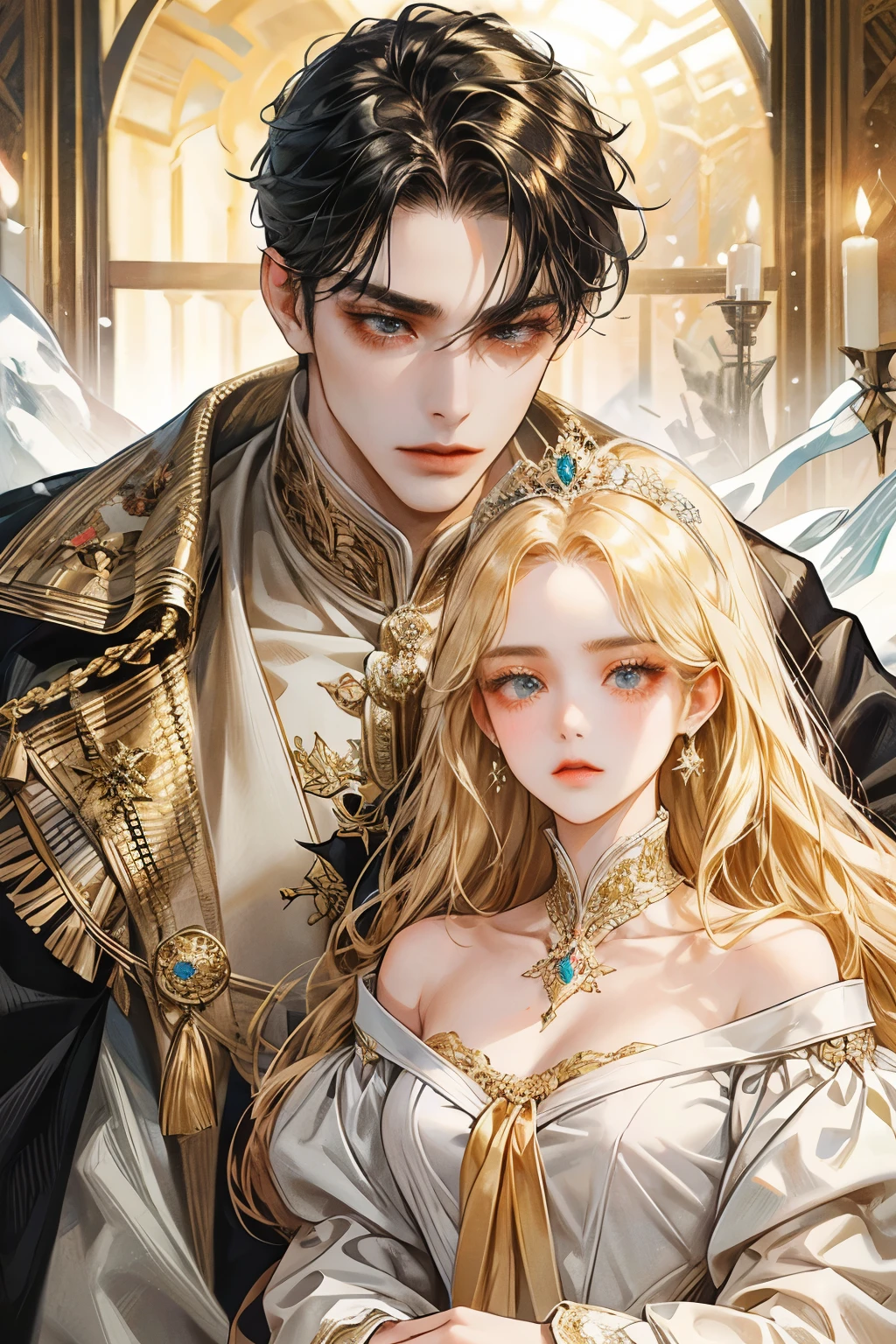 Masterpiece, high resolution, Anatomically correct, qualityที่ดีที่สุด, details, detailsสูง, โมเดลhigh resolution, quality, detailsมาก, high resolutionสุด, realistic textures, 1 man, 1 woman,lover, loverชายหญิง, Look straight., A man with black hair, black eyes, fierce eyes, broad shoulders, and courage., A woman with golden hair, golden eyes, and stubborn eyes.,shut your mouth, Winter outfit, snow,Winter Palace, Antique dress, Retro dress, Duke, princess