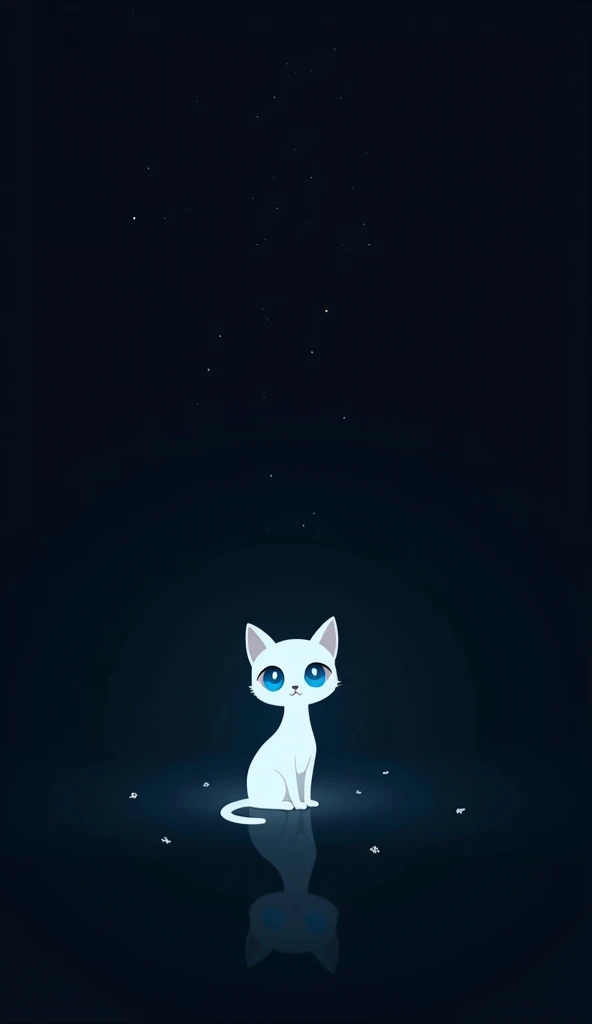 a silhouette of a tiny white cat with blue eyes and no tail in the dark, dark background, minimalist, ambience light, flat illustration, super wide angle