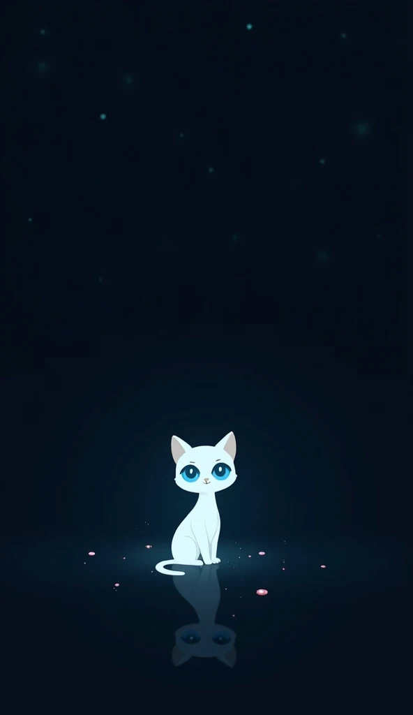 a silhouette of a tiny white cat with blue eyes and no tail in the dark, dark background, minimalist, ambience light, flat illustration, super wide angle