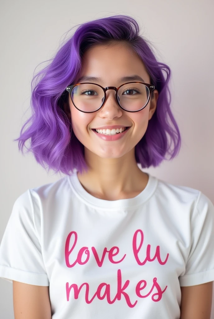 A smiling girl with purple hair and glasses wearing a white blouse that says Love Lu makes
