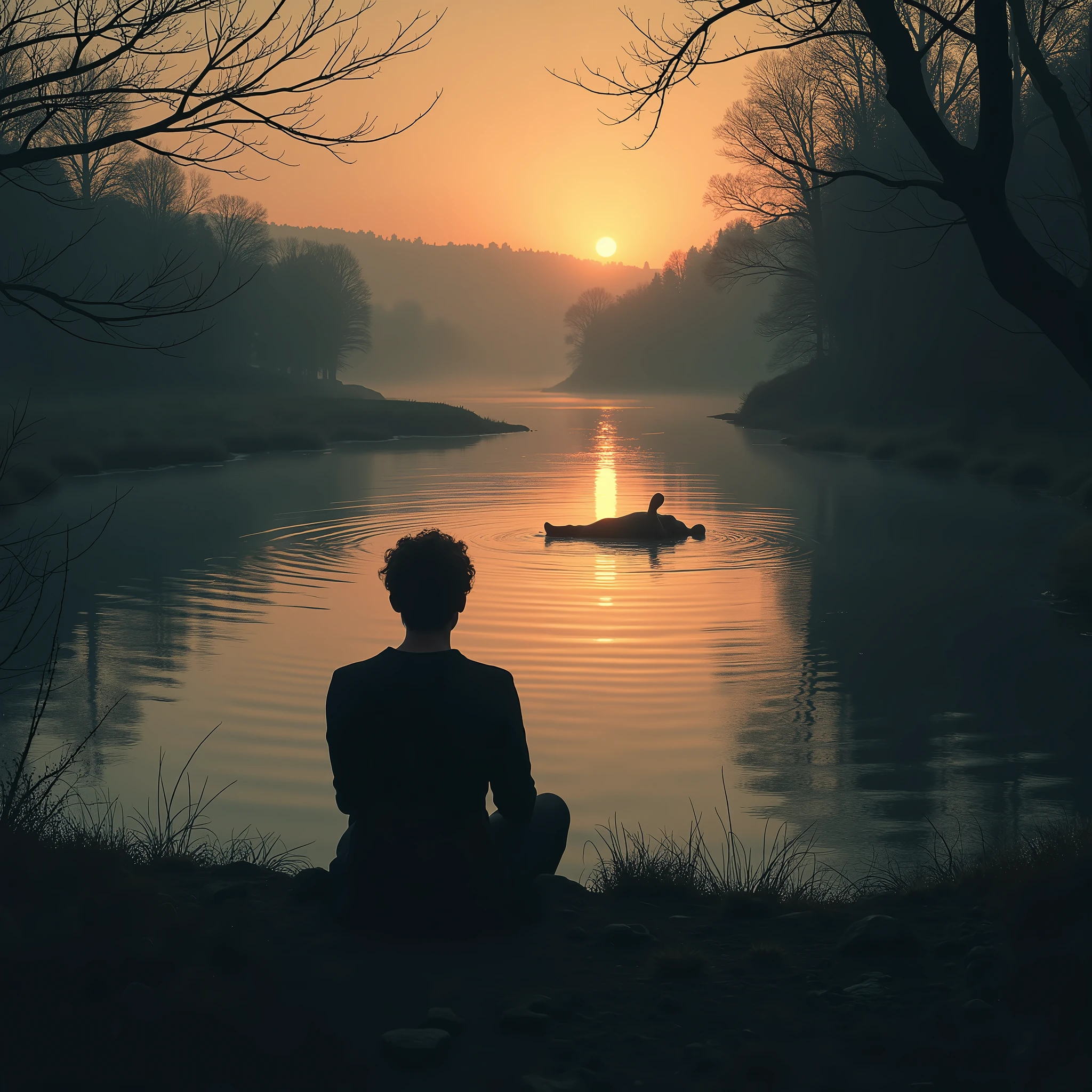 An atmospheric scene of a person sitting calmly by the bank of a wide, tranquil river at dusk. The figure is silhouetted against the soft glow of the setting sun, which casts long shadows and a warm, golden light over the landscape. The river flows gently past, reflecting the colors of the sky. In the distance, the figure watches with a composed, patient expression as the lifeless body of their enemy floats slowly downstream. The overall mood is one of quiet anticipation and inevitable justice, with the peaceful surroundings contrasting sharply with the dark undercurrent of the scene.