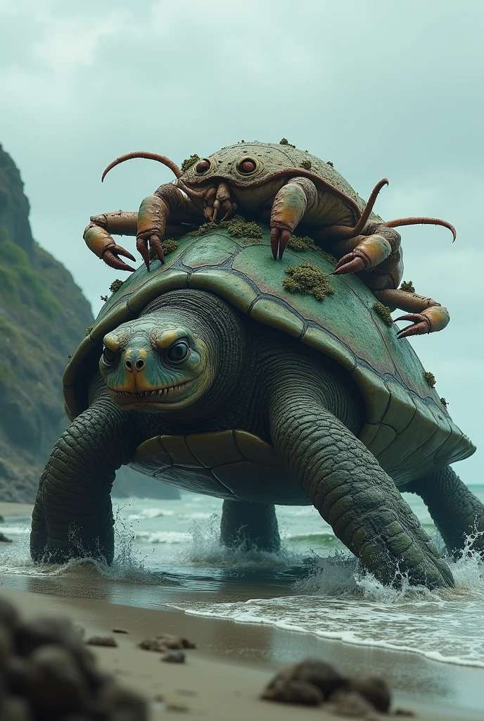 Monster turtle with crab out of water 