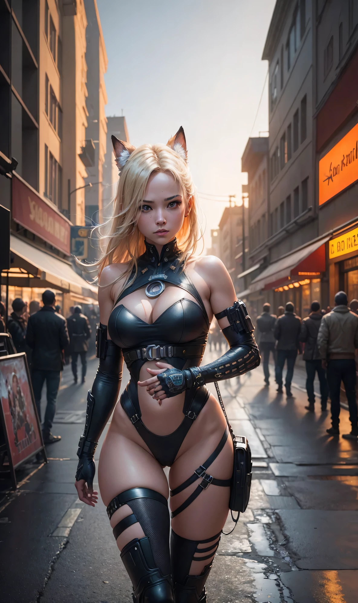 BLONDE cyberpunk vixen in the central square of the post-apocalyptic city, Bright field photography, wide angle lens f/2.8, Insane ultra high resolution intricate textures, texture indentation, 32k raw professional photo, perfect perspective, perfect geometry, ultra insane ambient lighting, ultra insane ambient shadows, Luminism, ultra intricate, detailed ultra busy background, bouncing lighting, tessellation, ultra maximalism, IPA Award-Winning Masterpiece, arte de Afremov, bone, to fall in love, Jeremy Mann, warm and positive professional photo, IPA Awards Winner, haselbland awards winner, an ultra detailed and ultra busy main street of the modern city, Street market, very warm pink-orange colors, octane rendering, Global illumination, details Intricate, insane details, 23mm lens, sharp focus, art by Nicolas Poussin, perfect weights, perfect shadows, perfect geometry, perfect lighting, perfect textures, perfect shapes, perfect detail, intensive details, perfect post processing, perfect weights, Every part of the image is perfectly detailed and sharp, perfect composition, Sharp detailed background, very detailed world, busy image, Ultra professional CGI, Global illumination, the whole image is detailed and focused, perfect perspective, perfect light reflections, RTX, perfect ambient occlusion, perfect visual effects, digital blending, Luminosity masks, HDR post-processing, perfect positioning of objects, professional visual effects, ultra quality, 32k resolution, all objects in perfect shape, all objects as in the real world, cinematic , Amazing, overcrowded , perfectly tuned, Alchemy settings, photo by Steve McCurry insane detail, hyper detailled, details Intricate, global retreat. Intricate perfection, best intricate geometry, best volumetric effects, best possible quality, art by Wadim bone, art by greg rutkowski