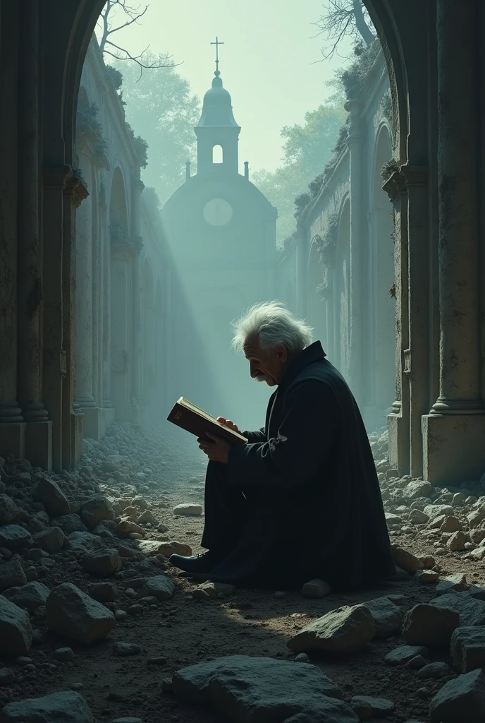 Einstein sitting on his knees sadly before a destroyed church with a quantum mechanics book in hand and heads down.