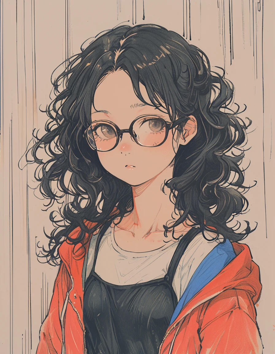 1 female, 30-year-old, alone, thin, slender, small breasts!!!, Loose curly hair, Bedhead, Forehead, thin, slender, (((glasses))), jacket, Skinny skirt, Are standing, art, Colored pencil drawing, draft, White background
