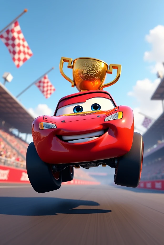 Lightning McQueen in the Piston Cup riding two wheels with the trophy on his back