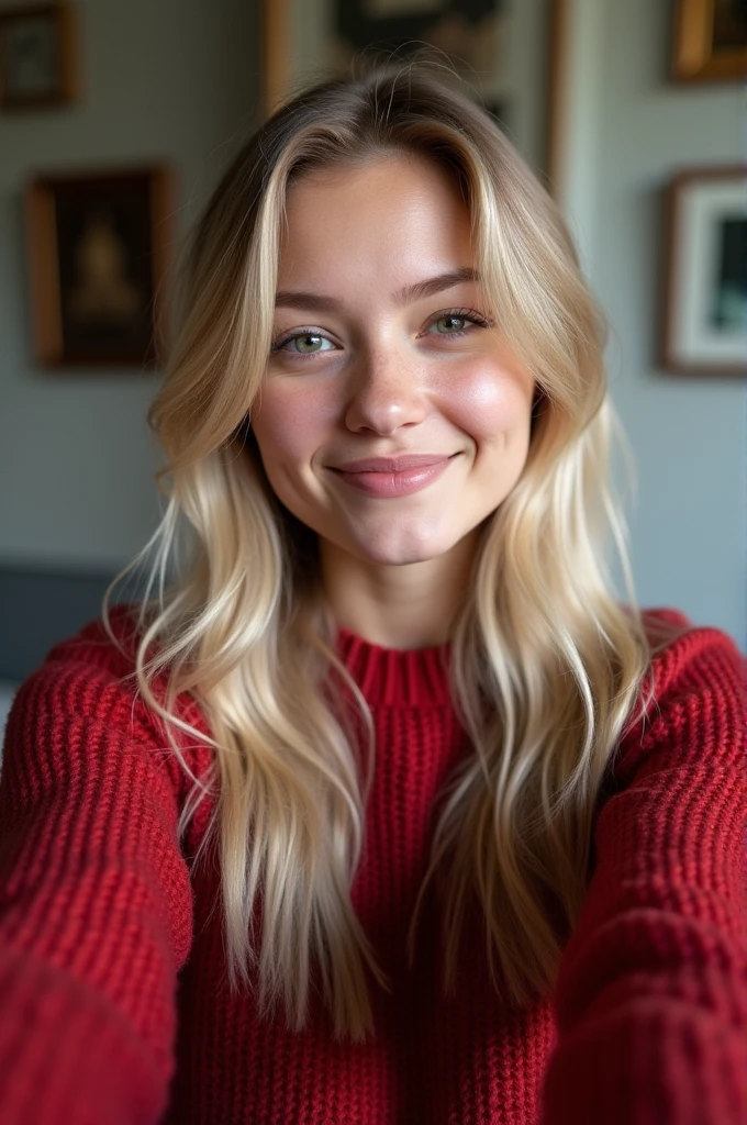 normal girl, cute, selfie, blonde wearing a red sweater