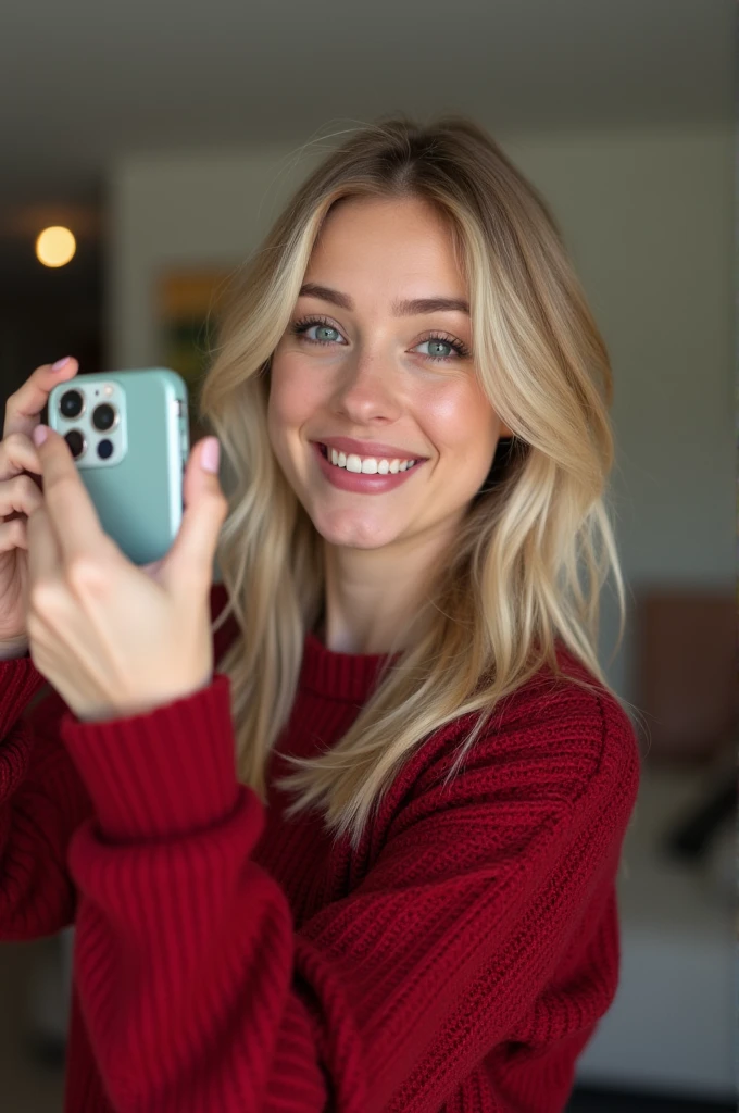 normal girl, cute, selfie, blonde wearing a red sweater