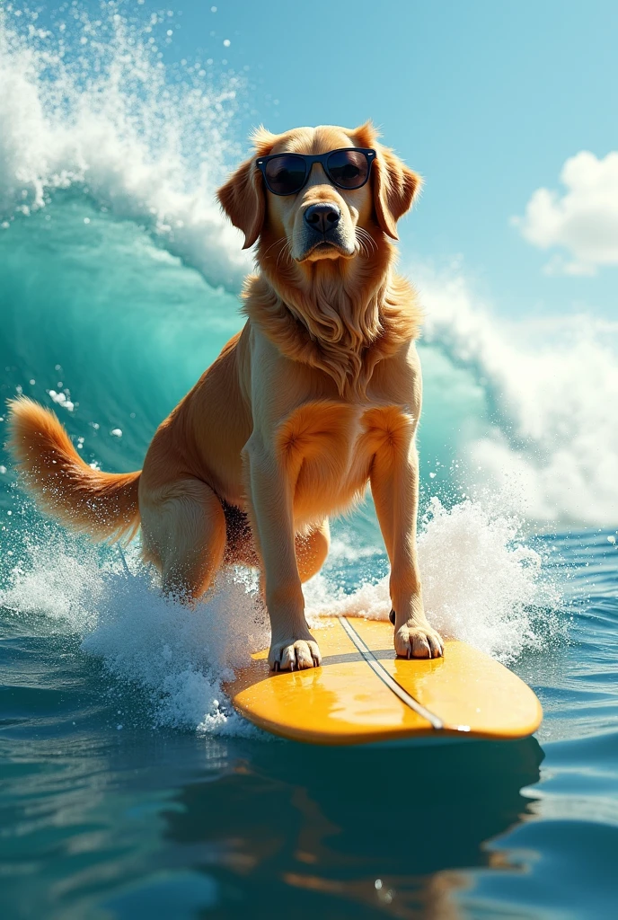 Golden Retriever、Surfing in the sea、Realistic fur、Realistic、raw、Photorealistic、Super detailed、high resolution、high quality、High resolution、Going through big waves、sunglasses、Handstand、