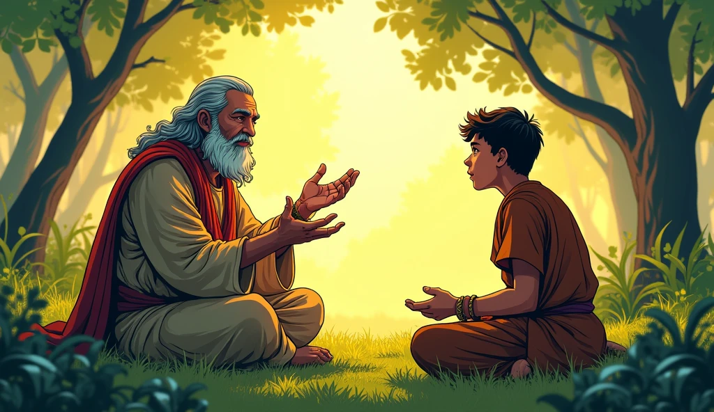 Sage Bhaskar’s explanation: Comic style. Sage Bhaskar explains the concept of detachment from outcomes with his hands gesturing gently. The background features the serene forest clearing, with sunlight casting a warm, golden hue. Arav, still the young warrior, listens intently, his face showing signs of understanding. The background remains peaceful, with the tree’s branches overhead and soft grass underfoot, enhancing the calming effect of the sage’s wisdom