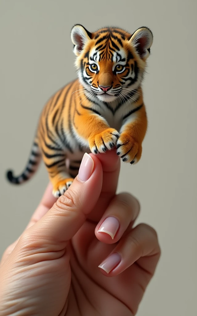 Photorealistic, 34k, A tiny tiger cub perched on a man's finger