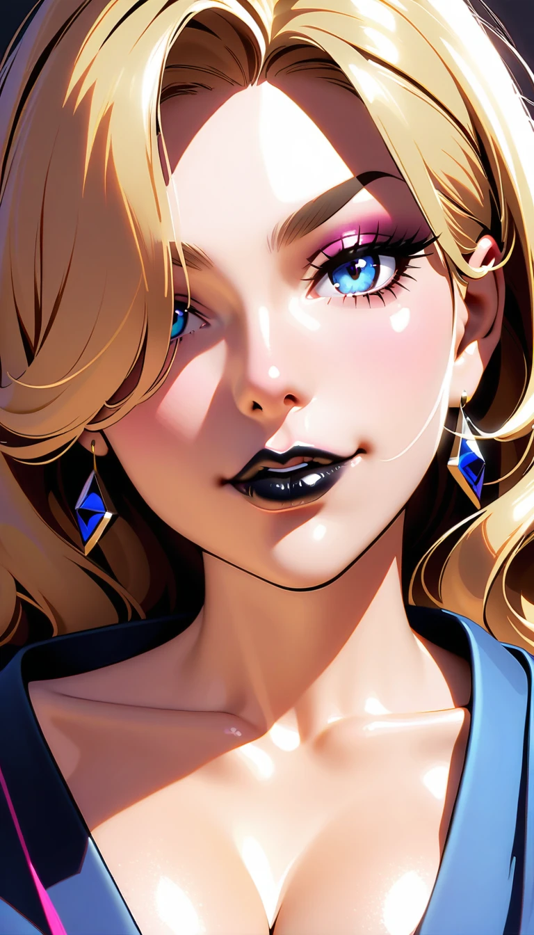 1mature adult woman, solo, 3, a bewitching American woman, sexy MILF, evil femme fatale, long and voluminous wavy blonde hair, hair over her right eye, arched and thin neat eyebrows, double eyelids, reflective clear blue eyes, smooth nose, beautiful nostrils, beautiful glossy black lips, sharp jawline, overall mature and chiseled gorgeous celebrity beauty face, seductive smile, her beauty is a first-class work of art.