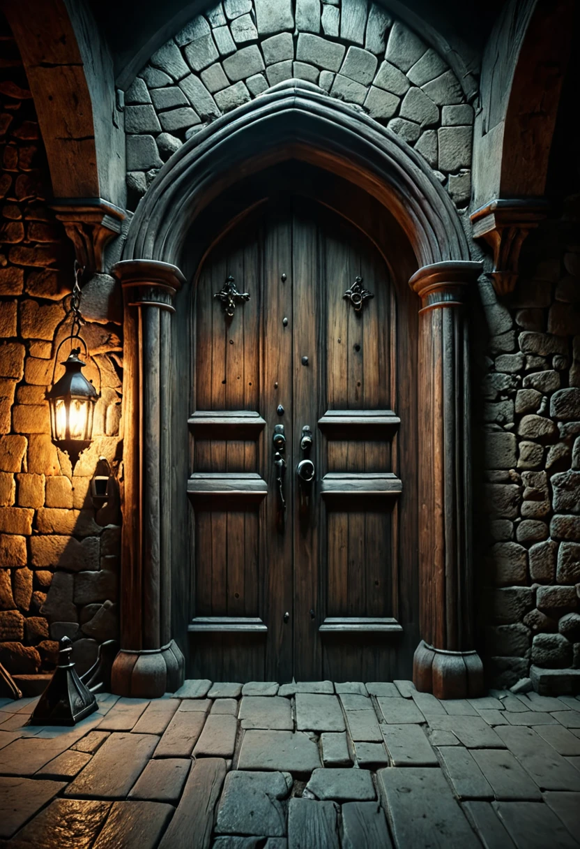 a mysterious old wooden door in the center of a dark, gloomy dungeon-like room, keys lying on the floor in front of the door, an eerie and ominous atmosphere, (best quality,4k,8k,highres,masterpiece:1.2),ultra-detailed,(realistic,photorealistic,photo-realistic:1.37),intricate details,chiaroscuro lighting,dramatic shadows,muted color palette,gothic architecture,medieval interior,cinematic composition