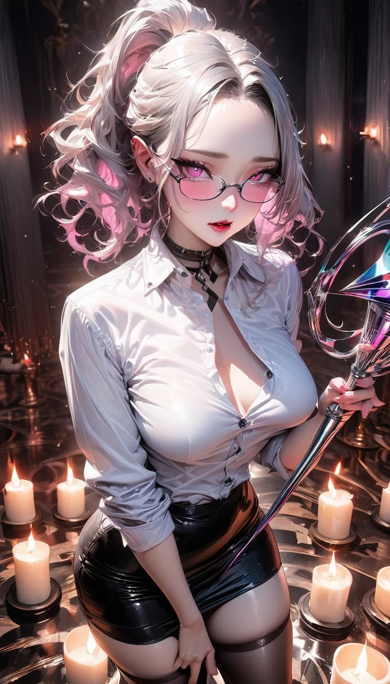 Intelligent beauty, glasses, platinum color messy wavy ponytail, forehead, (attractive and seductive) and (amorous and lewd) expression, pink eyes, make-up, glamorous proportions, wearing unbuttoned white shirt, tight black mini skirt, black stockings, iridescent rapier, background dim underground prison, candlelight room, (ultra detailed, absolutely resolution, best quality:1.3), 2.5D, delicate and dynamic effects, shading effects, contrast effects, artistic, hyper, graphic CG digital art