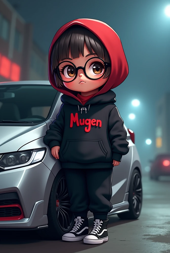 cartoon large fat chubby girl with glasses, dark red hijab, black hoodie with mugen word in red, black joher pants, hi-cut black white vans shoes, leaning on sporty modified silver honda jazz gk5 rs 2018 model at night foggy weather