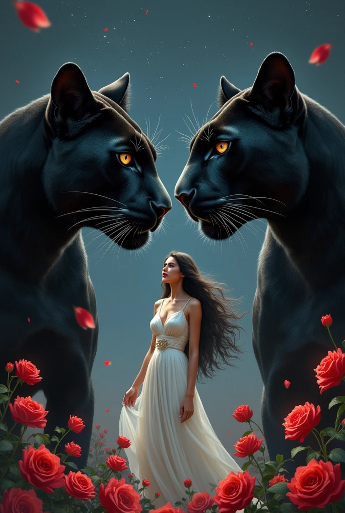 two beautiful and mysterious black panthers staring at each other with a piercing gaze one night. in the middle of them, Aphrodite, the mythological goddess of beauty and love. quero que Aphrodite esteja em sua versão mais intensa, passionate, sensuous, angelic and charismatic! quero Aphrodite em sua versão original, looking mythological even. quero que Aphrodite esteja acariciando as panteras e quero as panteras bem penetrantes, but looking forward. I want there to be red roses and red tulips scattered in the air, but mainly on the floor. tanto Aphrodite quanto as panteras precisam estar numa versão mais intimidadora. Aphrodite e as panteras tem que estar de pé. Aphrodite tem que estar com cabelos castanhos escuros e lisos, brown dark eyes, rosy cheek and red mouth. Aphrodite tem que estar com unhas vermelhas. as panteras tem que estar olhando para o mesmo lugar que Aphrodite olha. the image has to exude mystery, grandeur and sweetness at the same time. Aphrodite tem que estar de roupa branca e a noite tem que estar escura e estrelada. Aphrodite tem que estar atrás das panteras de alguma forma que ela apareça entre elas mas tenha uma presença marcante. Aphrodite tem que estar de roupa branca, simple and delicate, típica das deusas do Olimpo mas que de alguma forma seja sensuous. the panthers have to take up most of the image. Aphrodite tem que remeter a Grécia antiga. the panthers looking forward. Aphrodite sentada no chão entre as panteras 

