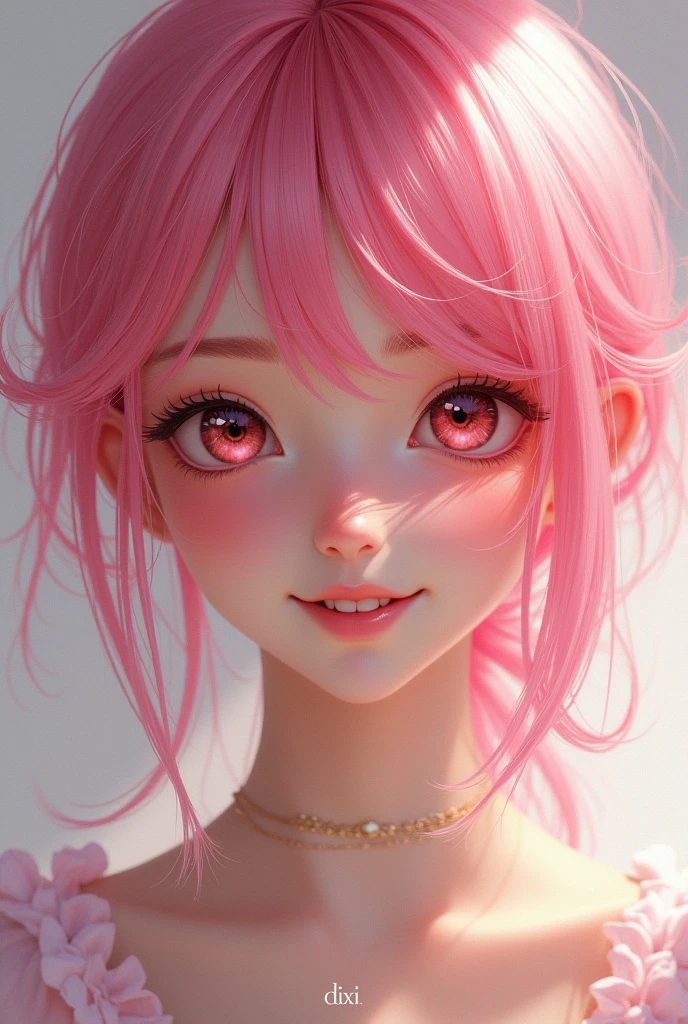 avatar a girl with pink hair with a beautiful smile, the Dixi inscription in the middle
