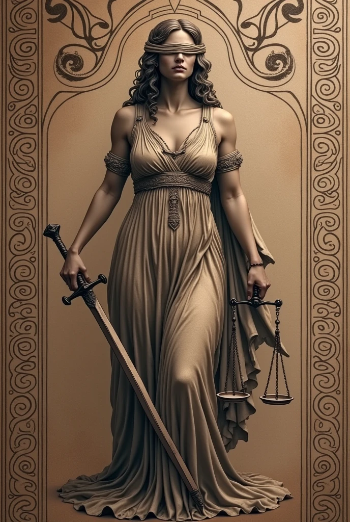 A tattoo of the goddess of Justice in the Greek style but with the appearance of a tattoo with a sword and scales and a blindfold.