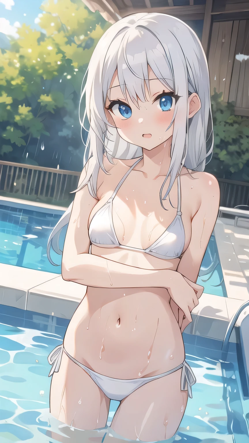 (masterpiece:1.2), (highest quality:1.2), perfect eyes, perfect face, perfect lighting, middle ages, white bed, 1 boy,blonde　aqua eye, ((((((hair over one eye)))))), Braid Styles, spiked hair, blunt bangs, bob hair, a braid, Ahoge, ((((white bikini armor)))), cute eyes, medium breast, glaring, open mouth, ((from above)), ((front)), arms up behind , Vivid depiction, ((spread legs)), orgasm, scared, , ((abs)) ahegao, smile+happy, fang, spoken heart, big breasts