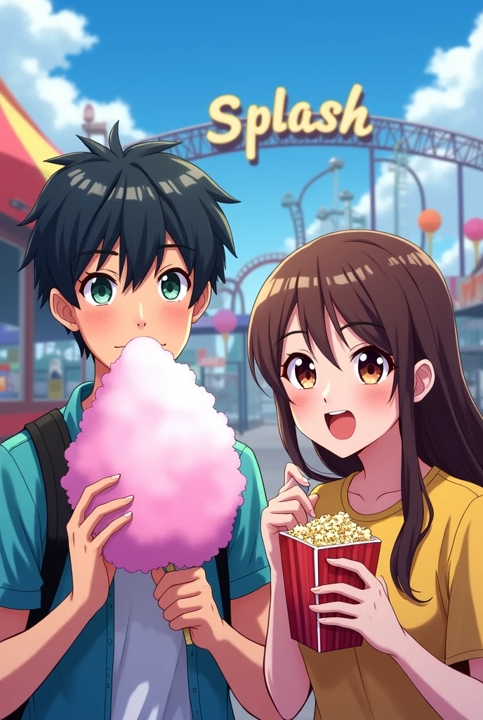Anime teenage boy eating cotton candy and brown haired teenage girl eating popcorn at an amusement park with a sign in the background that says SPLASH