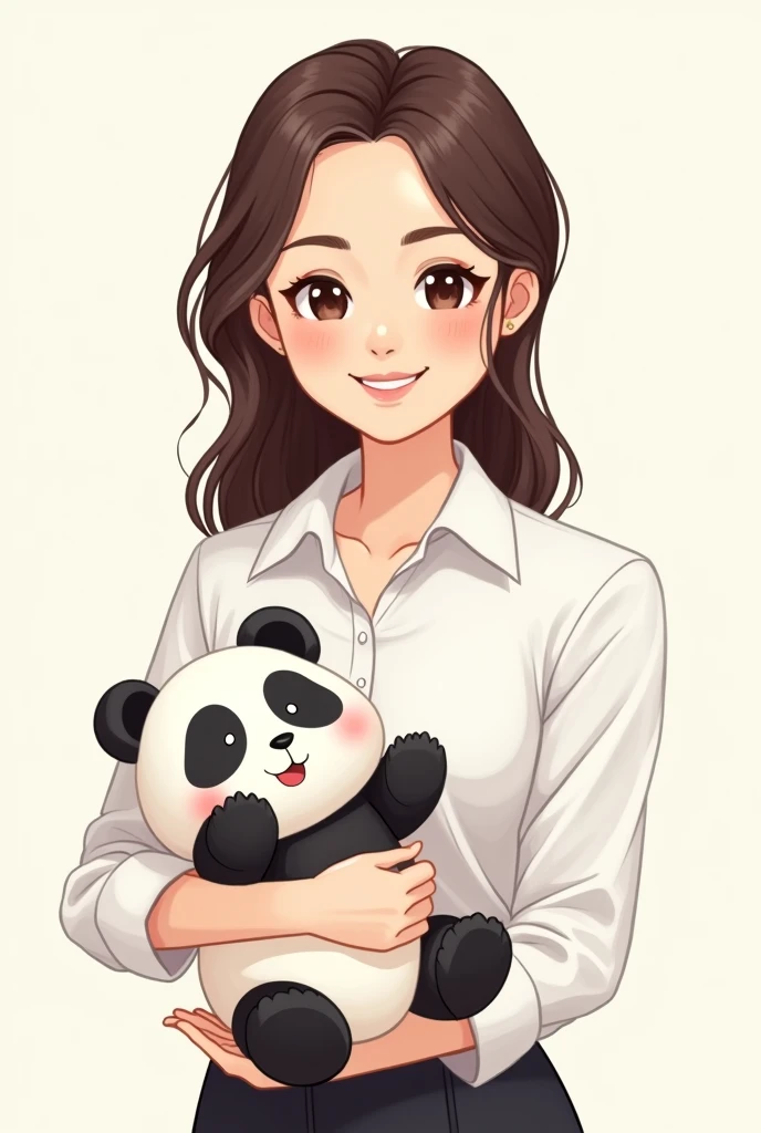 Simple illustration rough、Beautiful mom in white shirt、Business Smile、Seems trustworthy、icon、Background is the back screen、Holding a stuffed panda