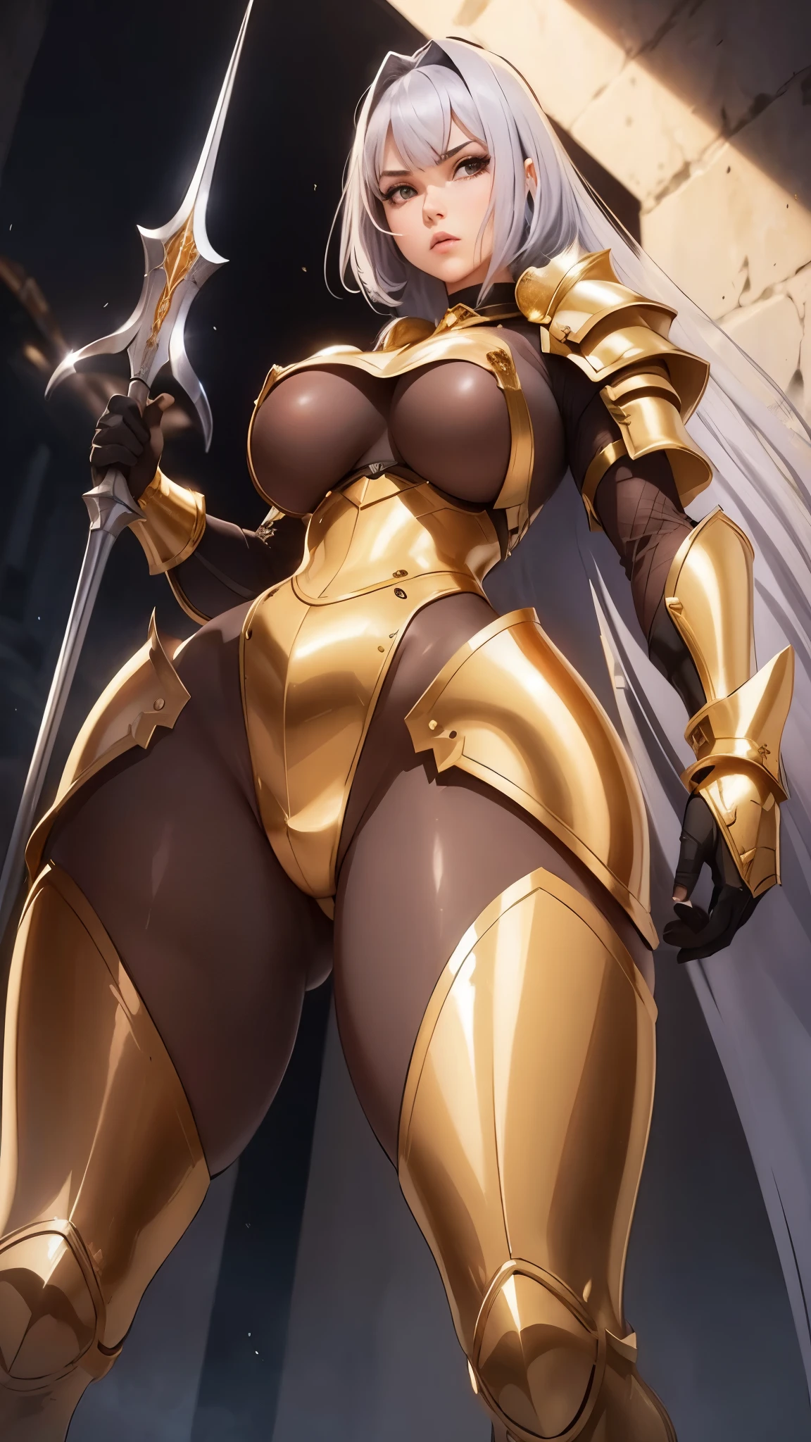 Curvy female knight, bob hair, natural , (polished gold armor, (brown bodysuit see through)), intimidating stance, huge puffyple 