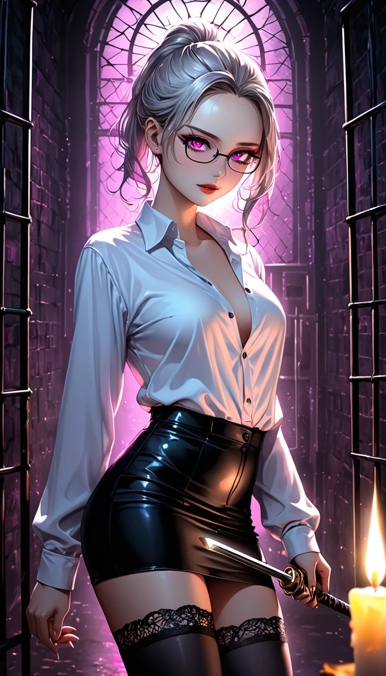 Intelligent beauty, glasses, platinum color messy wavy ponytail, forehead, (attractive and seductive) and (amorous and lewd) expression, pink eyes, make-up, glamorous proportions, wearing unbuttoned white shirt, tight black mini skirt, black stockings, iridescent rapier, background dim underground prison, candlelight room, (ultra detailed, absolutely resolution, best quality:1.3), 2.5D, delicate and dynamic effects, shading effects, contrast effects, artistic, hyper, graphic CG digital art